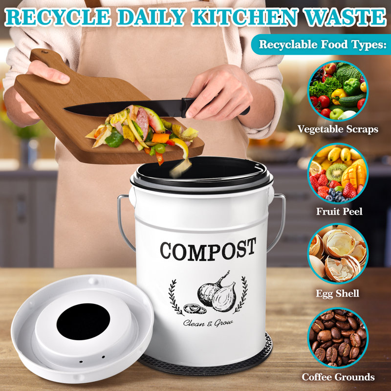 White 1.0 Gallon Metal Kitchen Compost Bin with Lid