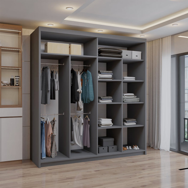 Ashawni 2 Door Laminate Wardrobe, 217cm H x 203cm W x 62cm D, Grey