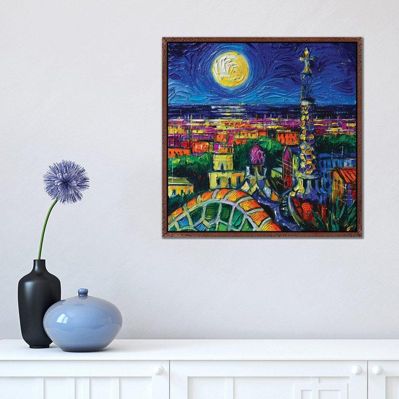 Barcelona Full Moon by Mona Edulesco - Painting on Canvas, Classic Brown Wood Framed, 45.72cm H x 45.72cm W x 3.81cm D