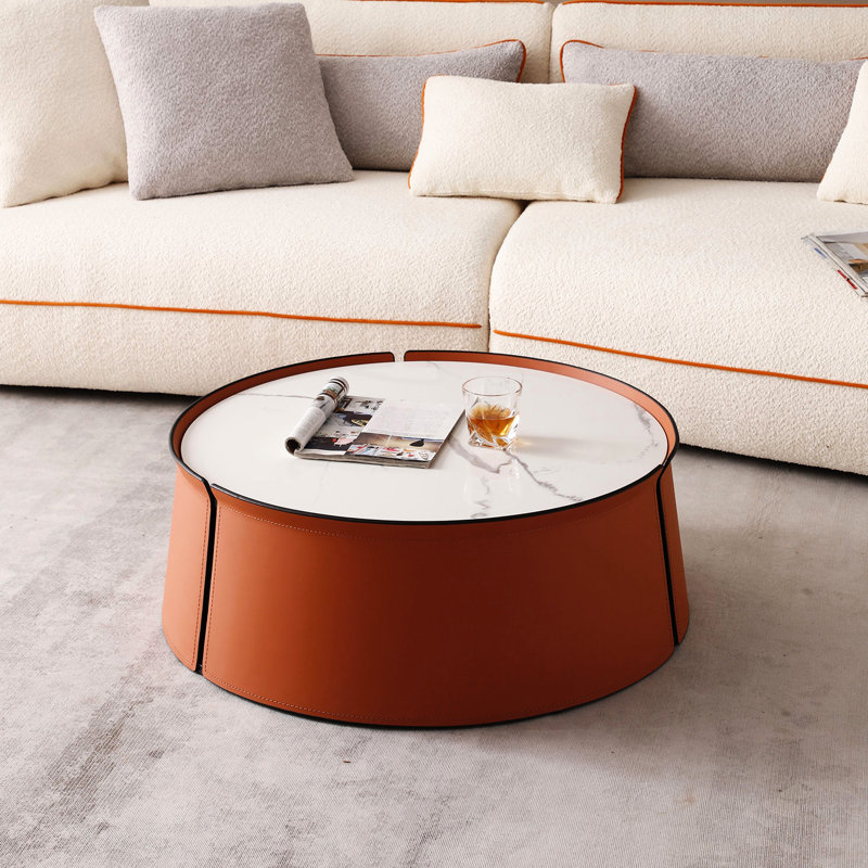 Table basse 31,5 pouces, cuir de selle marbré et orange, table avec cadre en fer