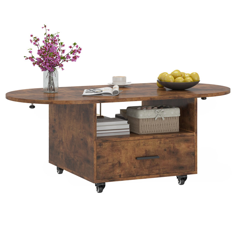 Foldable Coffee Table with Drawer&Open shelf,Living Room Tables w/4 Wheels,Oval Extendable Tea Table,Wooden Center Table ,End Sofa Side Tables for Living Room,Bedroom,Home Office,Rustic Brown