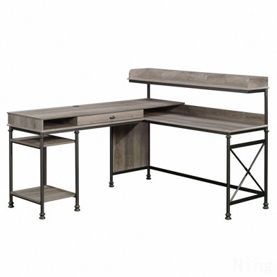 Industrial L-Shaped Desk With Built-In Usb Ports And Grommet Holes, Brown Finish