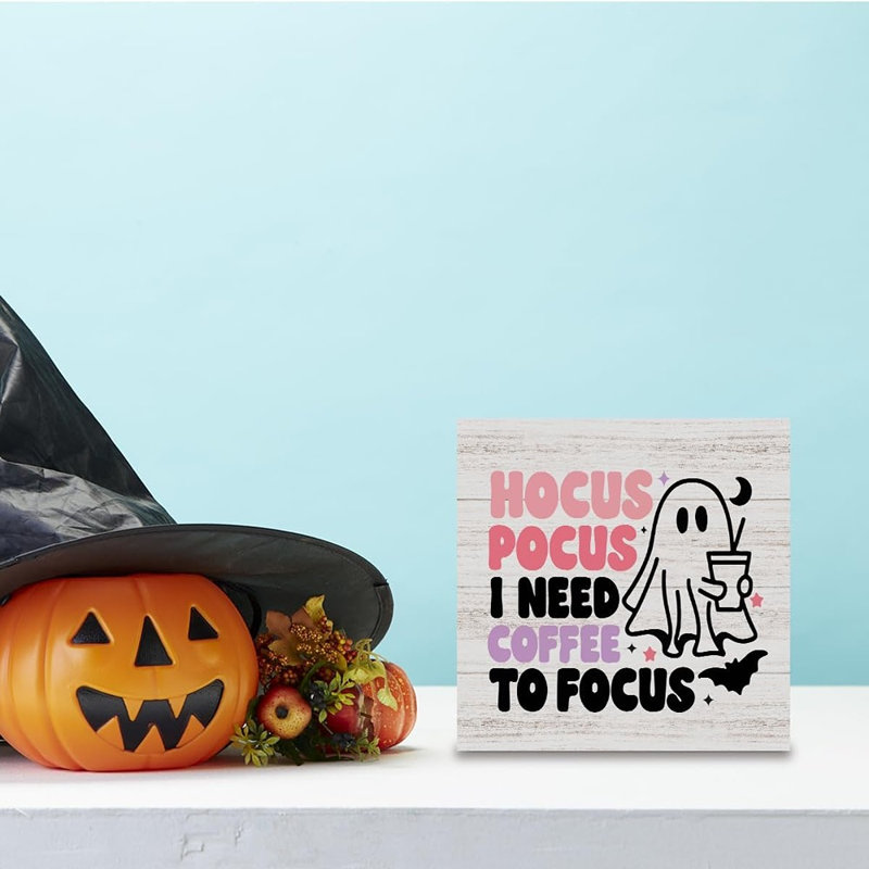 Panneau en bois Hocus Pocus Coffee – Décoration de table amusante pour l'Halloween, idéale pour un bar à café, un bureau ou la maison.