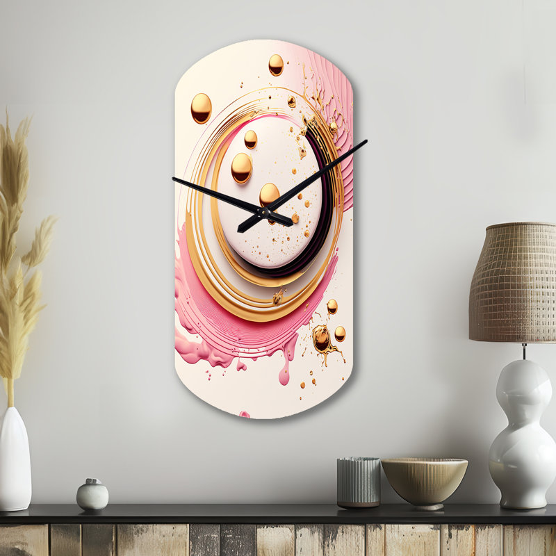 Rose aquarelle abstraite circulaire IV - horloge abstraite cylindrique en métal, horloge asymétrique rose, Petit