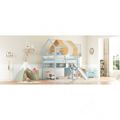 Full Size Wooden Bunk Bed with Playhouse Canopy, Slide, and Built-in Bookshelves, Light Green