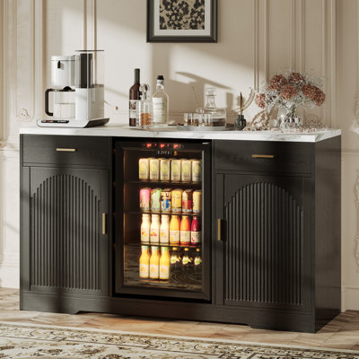 Home Bar Cabinet with Fridge Space, Built-in Charging Station, with 2 Drawers, Wine Rack, Glass Holder