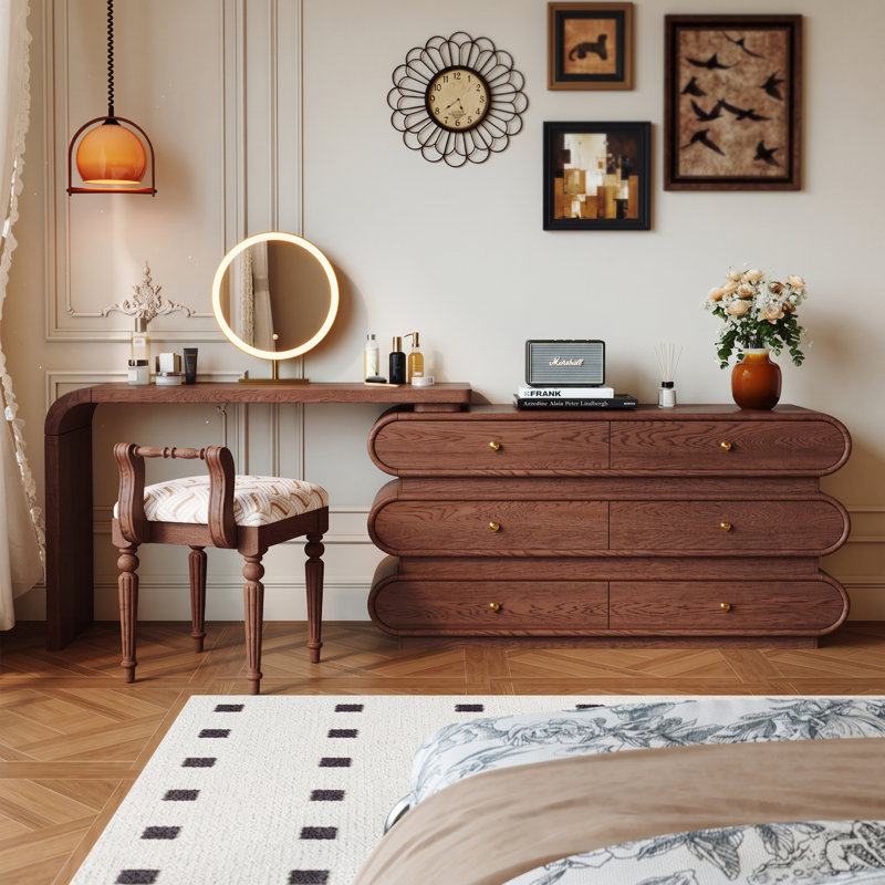 Coiffeuse moderne en bois de style milieu du siècle, table de toilette à 6 tiroirs avec grand bureau, design aux bords arrondis, coiffeuse de chambre, brun noyer