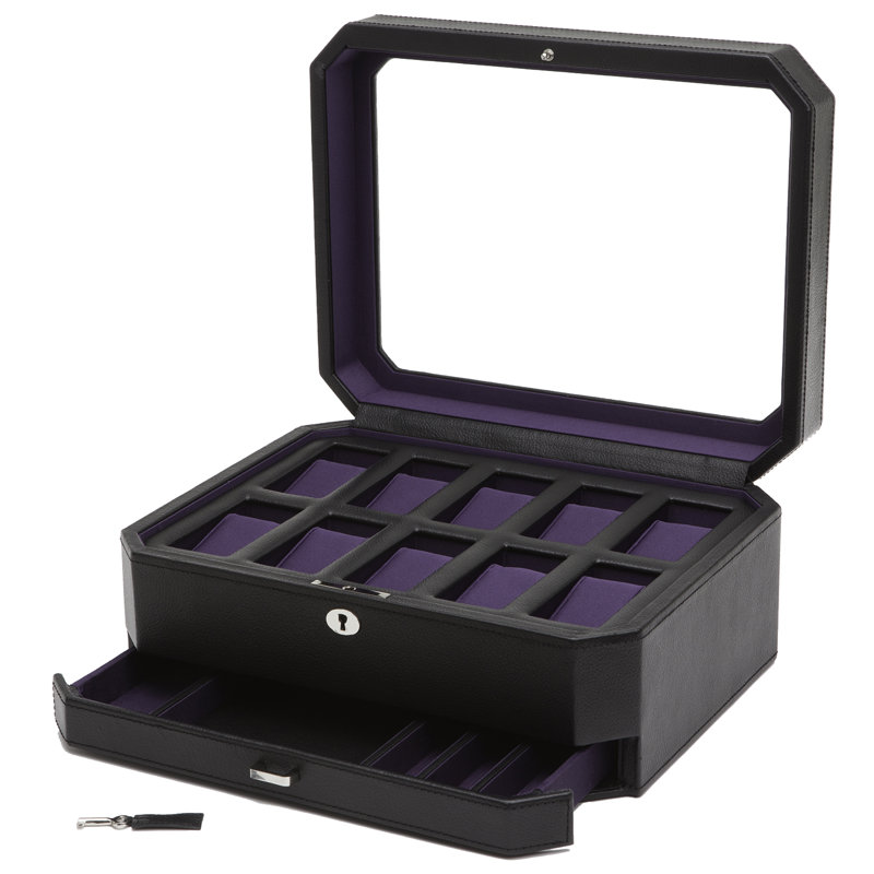 Wood Watch Box + Locking, Black/Purple