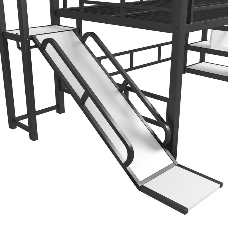 Lit mezzanine double avec glissade et escalier, lit de jeu en métal avec tablettes de rangement, toit en forme de maison et conception silencieuse, noir