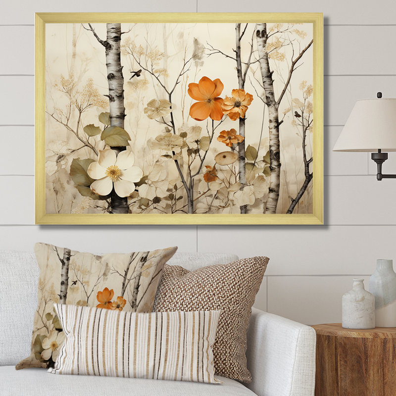 Floral, beige et brun, bouleau, forêt, forêt - arbre, art mural, Cadre flottant blanc, H 28 po x l 60 po x P 1,5 po