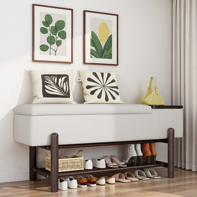 Upholstered Storage Bench, Espresso/Beige