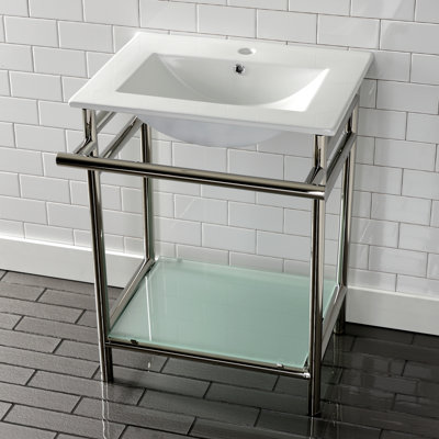 Kingston Brass Sheridan 24-Inch Ceramic Console Sink with Stainless Steel Legs and Glass Shelf (1-Hole)