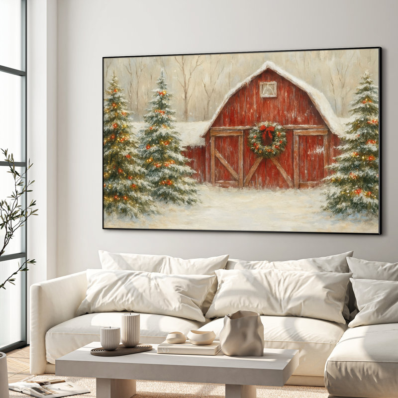Très grand art mural imprimé sur toile - décoration de salon de Noël en forme de grange enneigée - cadre à assembler requis (cadre non fini)
