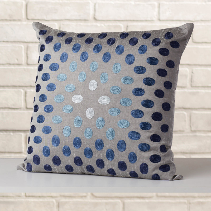 Blue and Gray Embroidered Dotted Square Throw Pillow