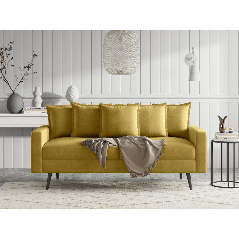 70" Velvet Square Arm Sofa, Goldenrod Velvet, Black