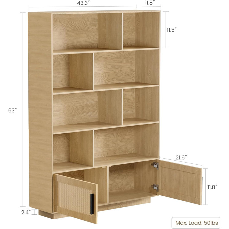 5-Tier Bookshelf, Boho Bookcase with Rattan Doors, Wooden Bookcase and Bookshelf with Storage,for Bedroom,Living Room
