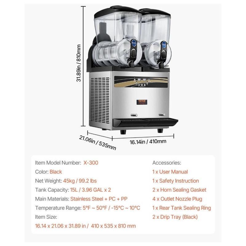 Machine commerciale à margarita 1000W - réservoir de 15Lx2, double fonction pour les barbotines et les smoothies, approuvé ETL, idéal pour les grandes surfaces, les cafés, les restaurants, les bars et la maison