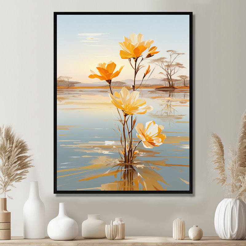Fleurs jaunes printanières dans le lac - Art mural floral, H 20 po x l 12 po x P 1 po, Toile avec cadre flottant noir