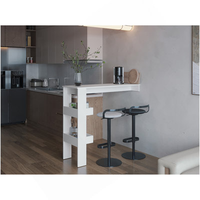 Table de bar Aurora avec tablette de rangement, design moderne pour bar à domicile, cuisine ou salle à manger, blanc
