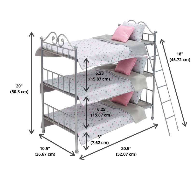 Silver Triple Doll Bunk Bed with Pink Star Bedding and Ladder