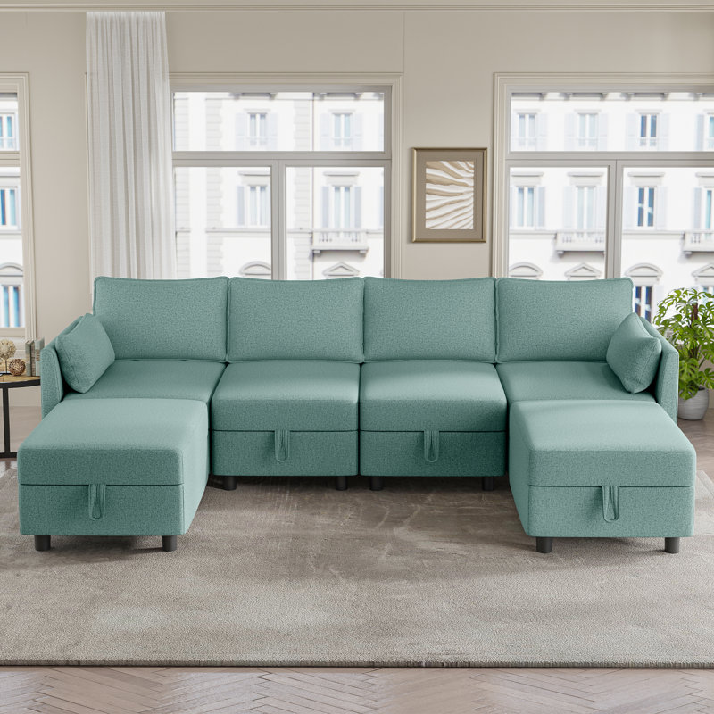 Canapé modulaire rembourré 6 pièces avec rangement sous le siège 6 pièces, Mélange de polyester turquoise