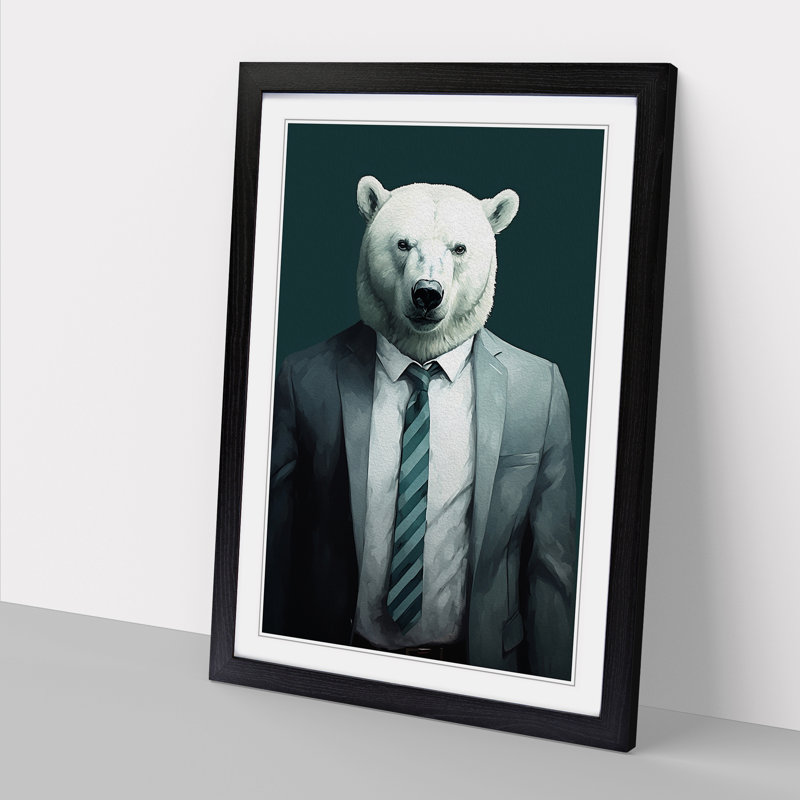 Polar Bear In A Suit Painting No.2 - Single Picture Frame Print on Wood, Black Framed, 46cm H x 34cm W x 2cm D