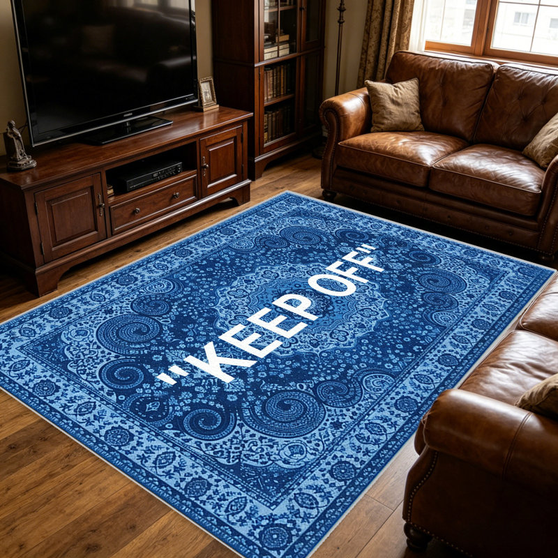 Blue "KEEP OFF" Persian Style area rugs for Living Room, Soft and Comfortable, Suitable for all seasons, easy to maintain, machine washable Indoor floor mat, Under Table Farmhouse suitable for Bedroom, Dining Room, Study,  Balcony, Home Decor Patio