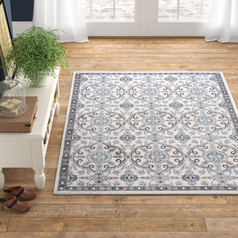Hoban Oriental Scroll Cream/Gray/Blue Indoor Area Rug for Living Room, Bedroom, Dining Room, Rectangle 5' x 7'