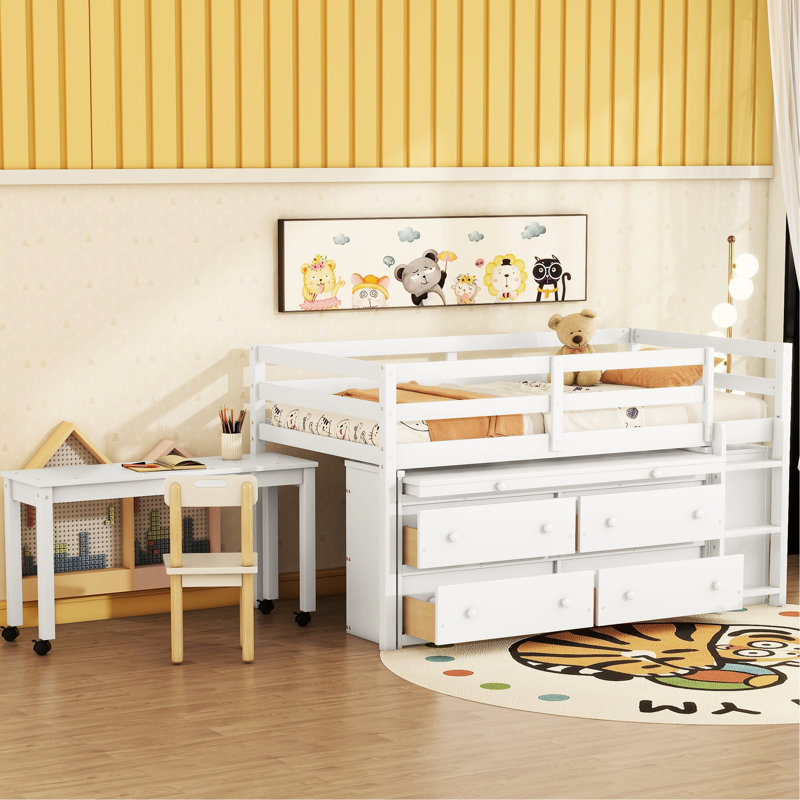 Lit mezzanine simple avec bureau portatif et tablettes, blanc, lit en bois massif amélioré pour la chambre à coucher, rangement pratique rétractable