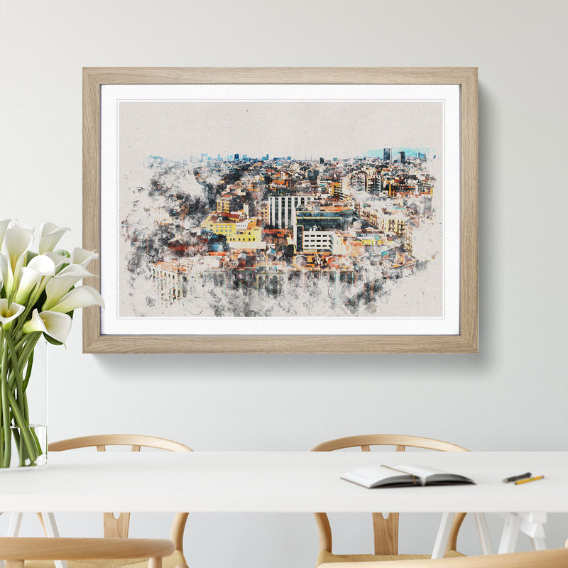 Rooftops of Barcelona in Spain Watercolour - Picture Frame Graphic Art, 27cm H x 36cm W x 2cm D, Oak Framed