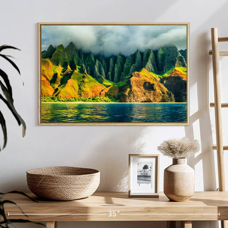 Côte de Na Pali, 25 po x 17 po, Cadre flottant en bois naturel