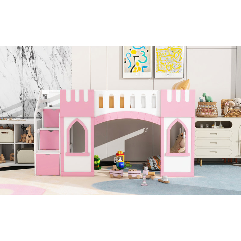 Lit mezzanine simple rose avec escalier de rangement et fenêtre amovible - bois stable pratique, Rose