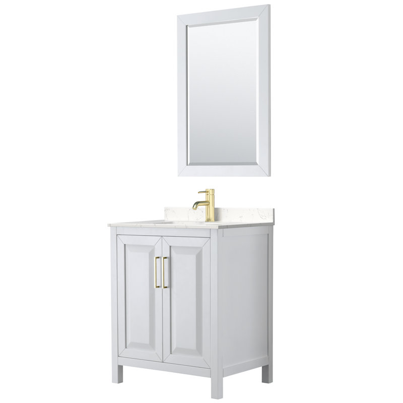 Ensemble de meuble-lavabo simple l 30 po avec miroir Daria, Marbre de culture de Carrare, Blanc, Or brossé