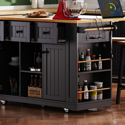 Large Kitchen Island With Drop Leaf, Power Outlet, Door Internal Storage Rack, Rolling Kitchen Cart On 5 Wheels With 5 Open Side Racks For Kitchen, Dining Room (Not Include Bar Stools)