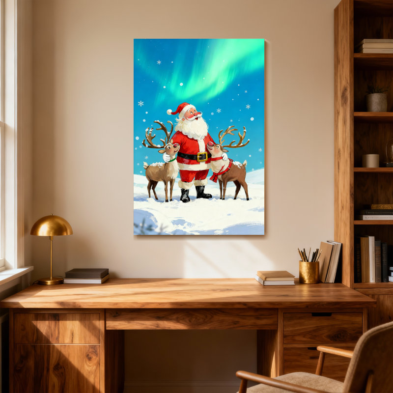Noël père Noël avec renne dans un paysage enneigé