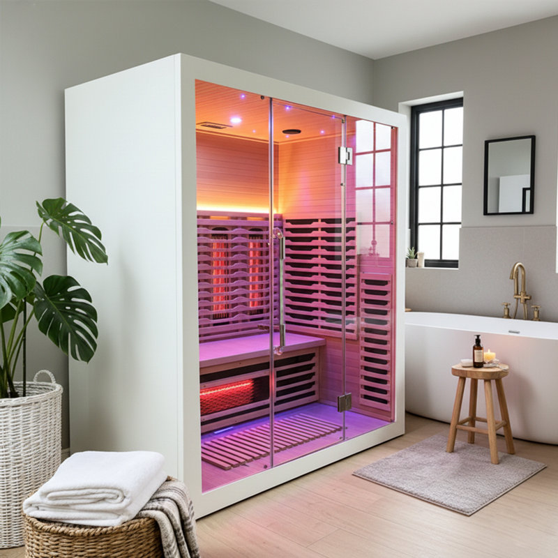Smartmak® 3 Person  Infrared Sauna Room, Traditional Canadian Hemlock Wooden Saunas Spa,  12 Heaters,LED Light, Backrest, 158℉