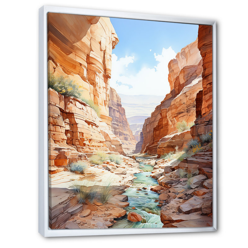 River by the Canyon Landscape I - Canyon, art mural sur toile, Cadre flottant blanc, H 32 po x l 24 po x P 1 po