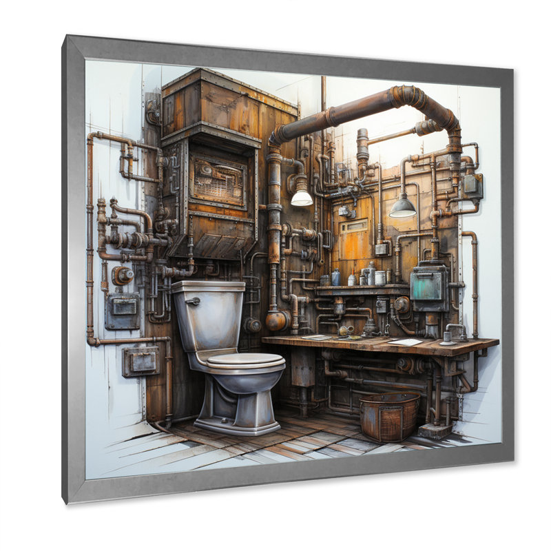 " Toilet Industrial Chic Mixed I ", 36" H x 36" W x 1.5" D, Silver Single Picture Framed