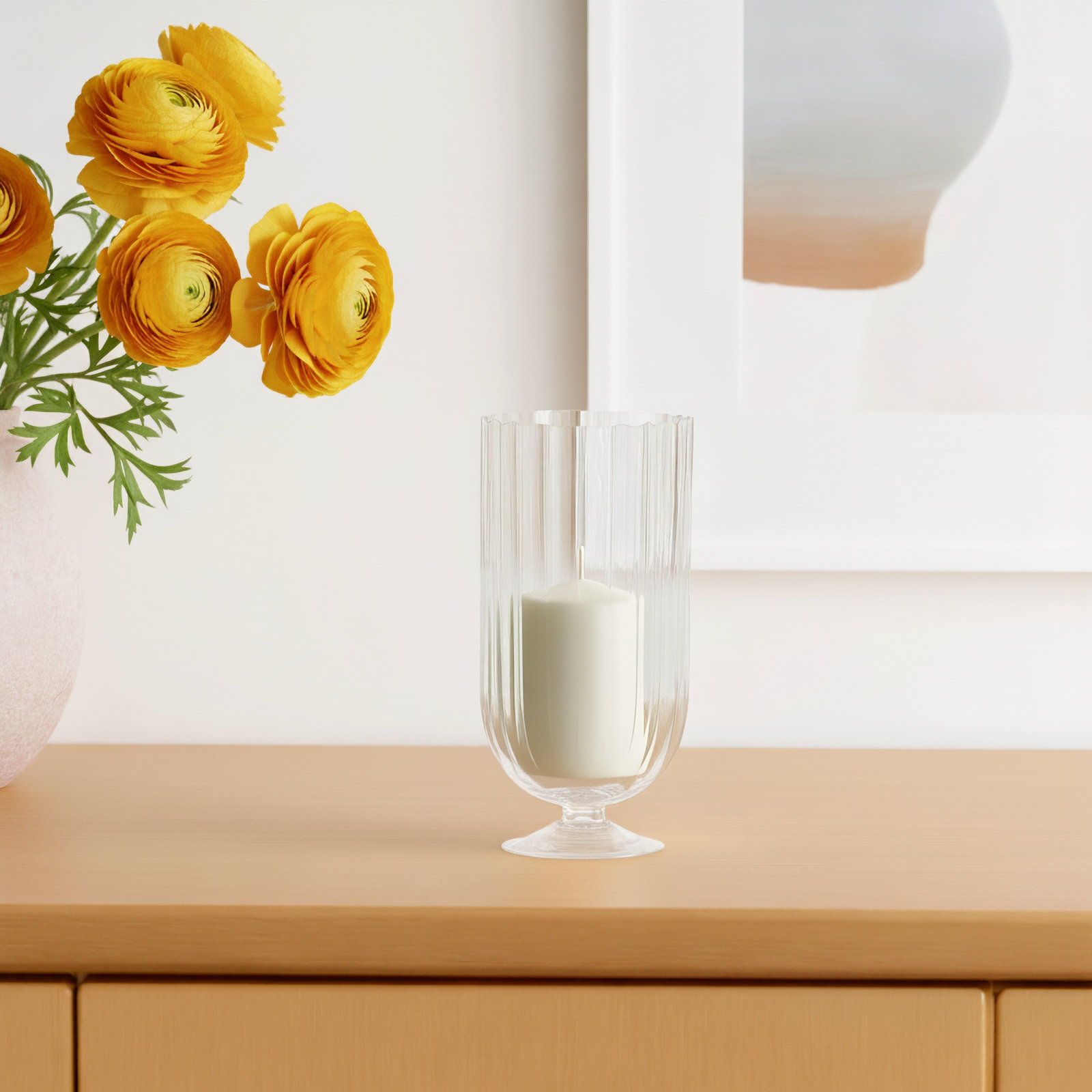 Cole And Grey Glass Ribbed Candle Holder With Elevated Base, 13'' H X 6.25'' W X 6.25'' D