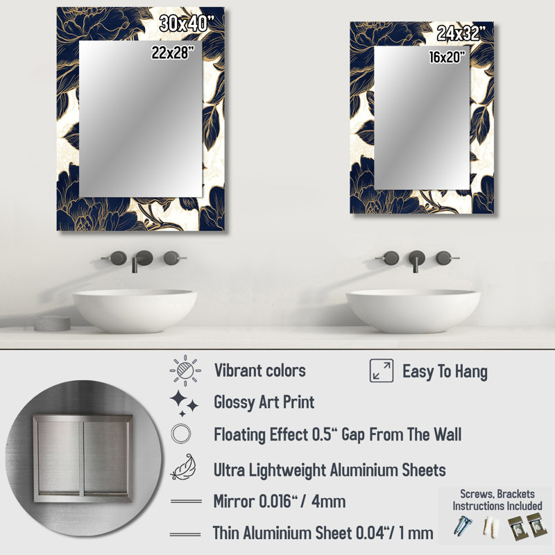 Blue Gold Peonies Symphony III - Peonies Decorative Mirror, Modern Wall Mirror, Printed Metal Art, 40" x 30"