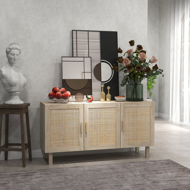 Sideboard Buffet Cabinet, Kitchen Cabinet, Coffee Bar Cabinet With 3 Rattan Doors And Adjustable Shelves, Natural