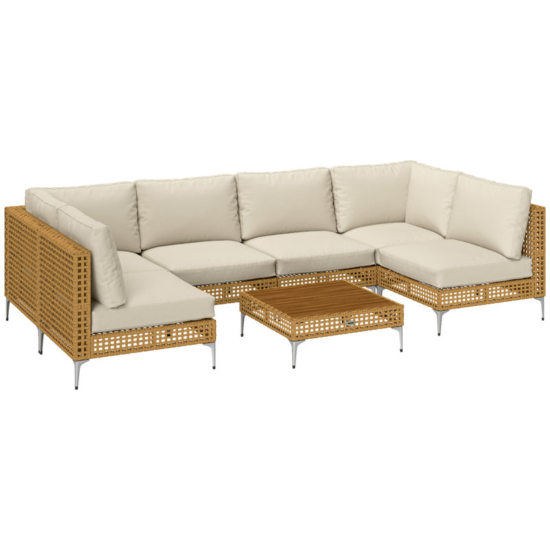 7 Piece Wicker Patio Furniture Set, Modular Outdoor Sectional with Thickened Cushions, Rattan Outdoor Furniture Conversation Set with Slatted Acacia Wood Table for Backyard, Khaki/