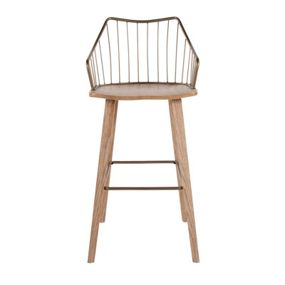 Tabouret de bar à hauteur fixe avec bois délavé et cuivre antique, avec dossier à broche pour une élégance et un confort campagnard