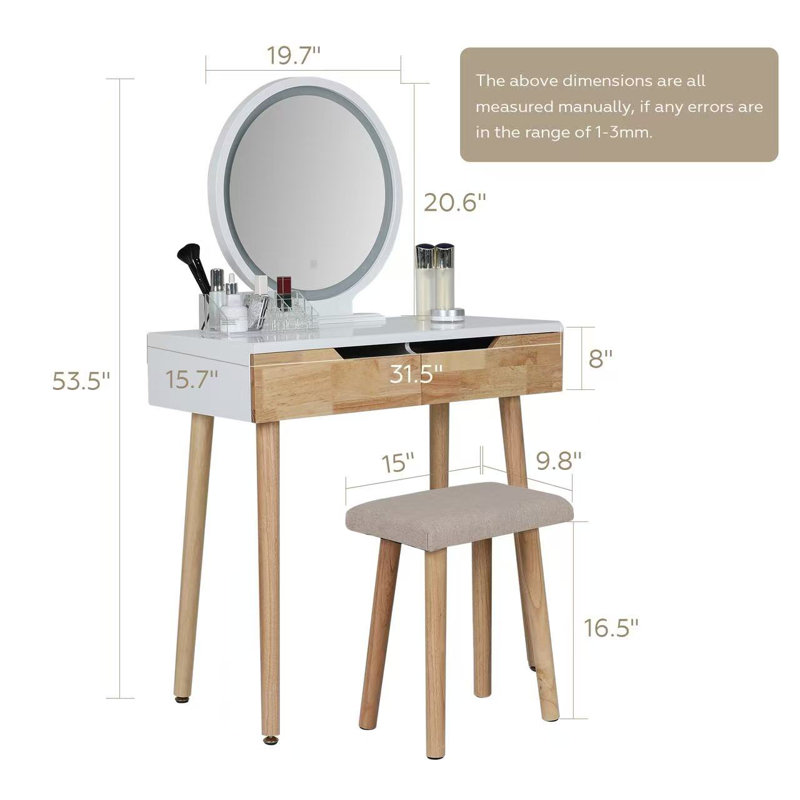 Ensemble de coiffeuse Rowell avec miroir à luminosité réglable 3 modes et organisateur de maquillage gratuit