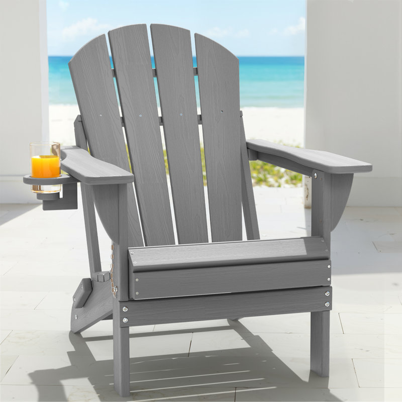 Mallette Adirondack Wood Texture HDPE Foldable Chair Pit Chair with Cup Holder, Gray