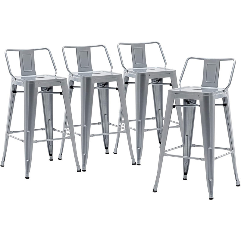 Ensemble de 4 tabourets de bar et de comptoir en métal, Hauteur de l'assise: 24 po, Argent