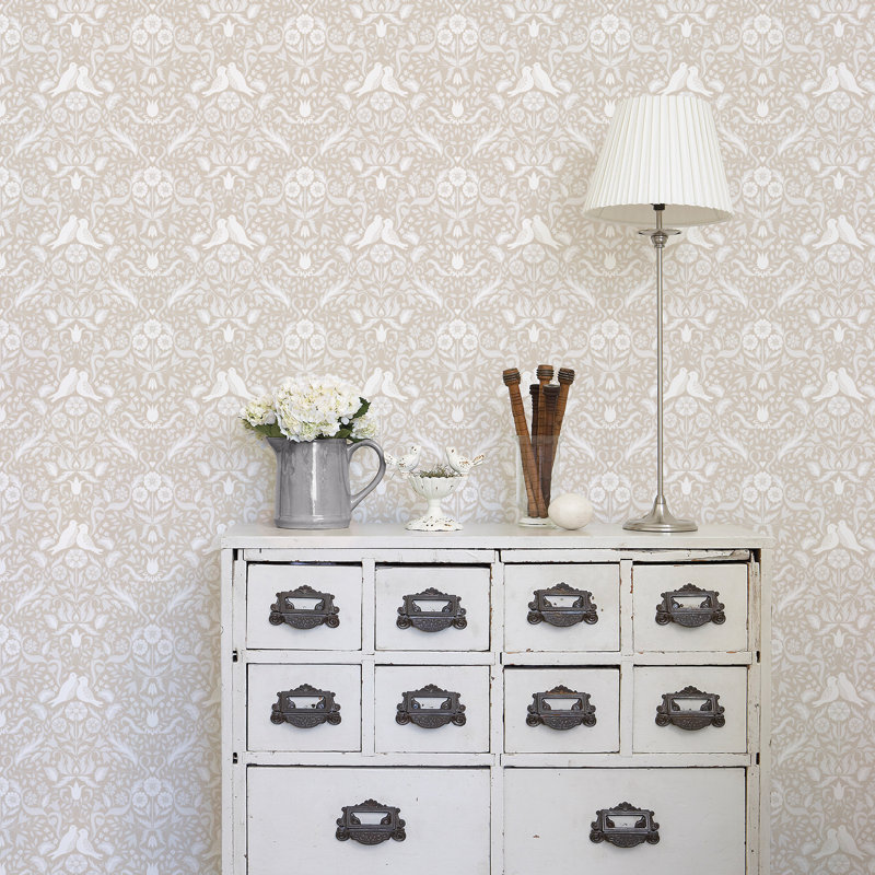 Niki Floral Damask Birds 10m x 53cm Wallpaper Roll, Beige