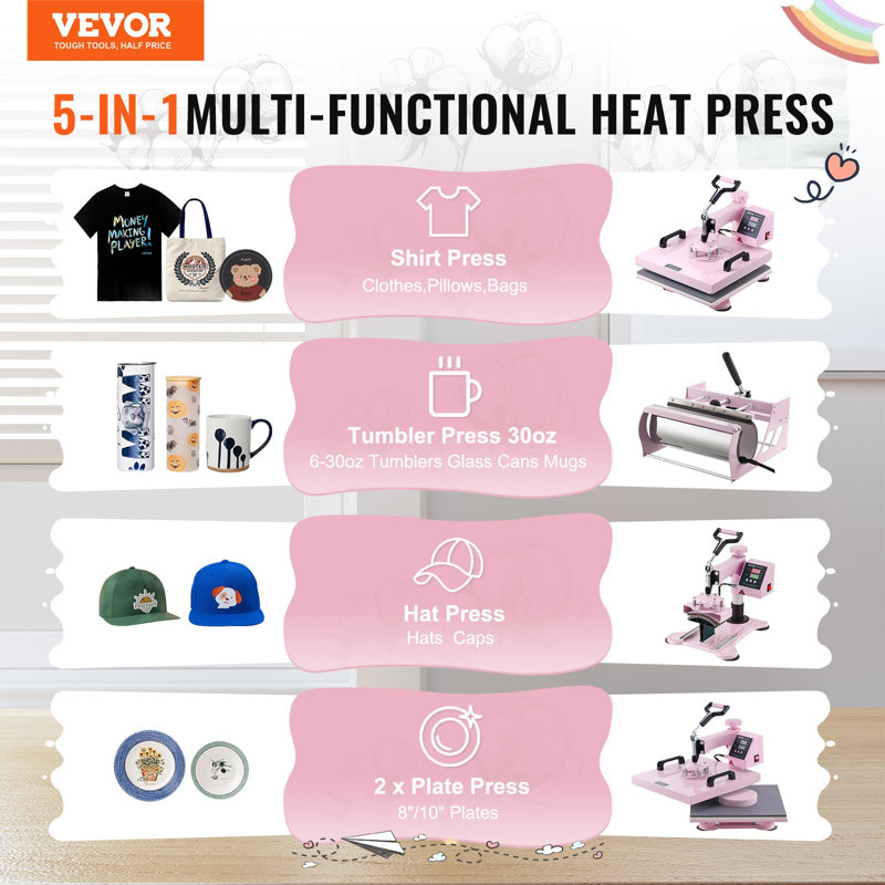 Presse à chaud 15 x 15 po 5 en 1 avec tasses à presser 30 oz - rose