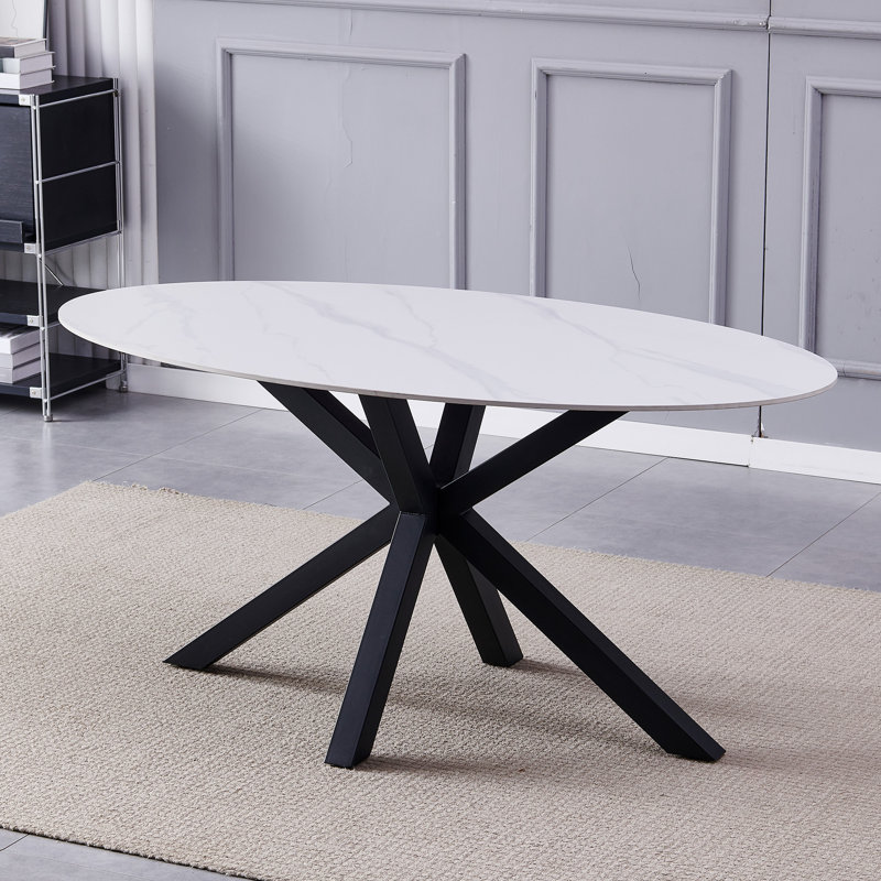 Oval Stone Top Metal Base Dining Table, White