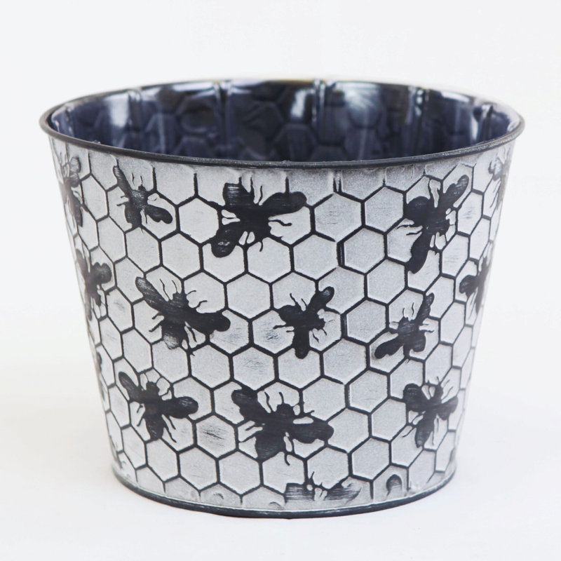 White Washed Bumble Bee Imprinted Metal Outdoor Pot Planter
